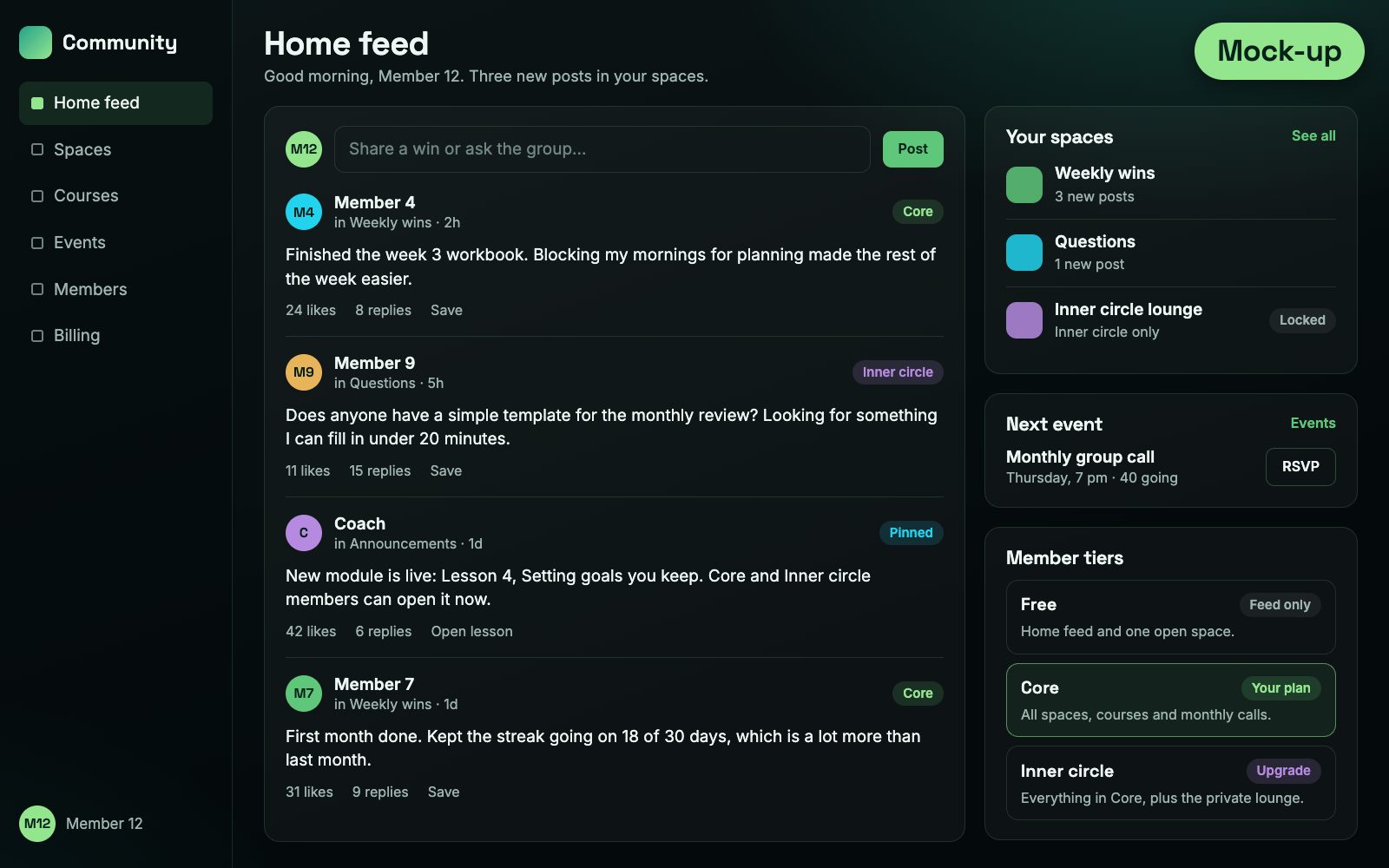 Mock-up of a community platform feed