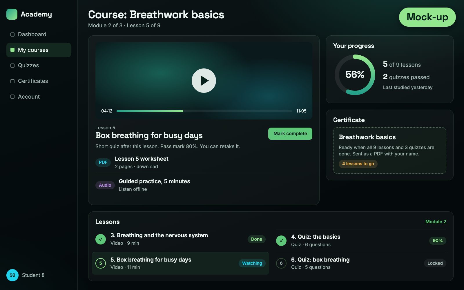 Mock-up of a course platform with lessons and progress, made-up data
