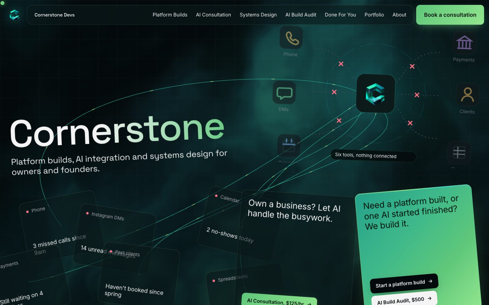 Screenshot of the cornerstonedevs.com homepage with the glowing system hub
